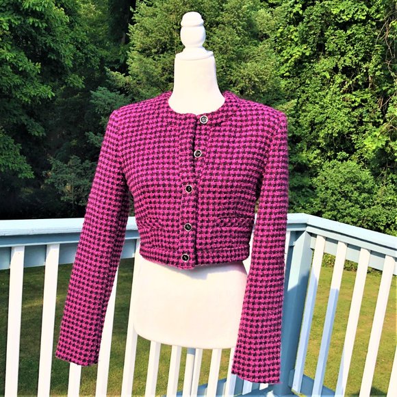 ZARA Pink Houndstooth Cropped Fitted Tweed Jacket Size M/S NEW with Tag - Picture 5 of 7